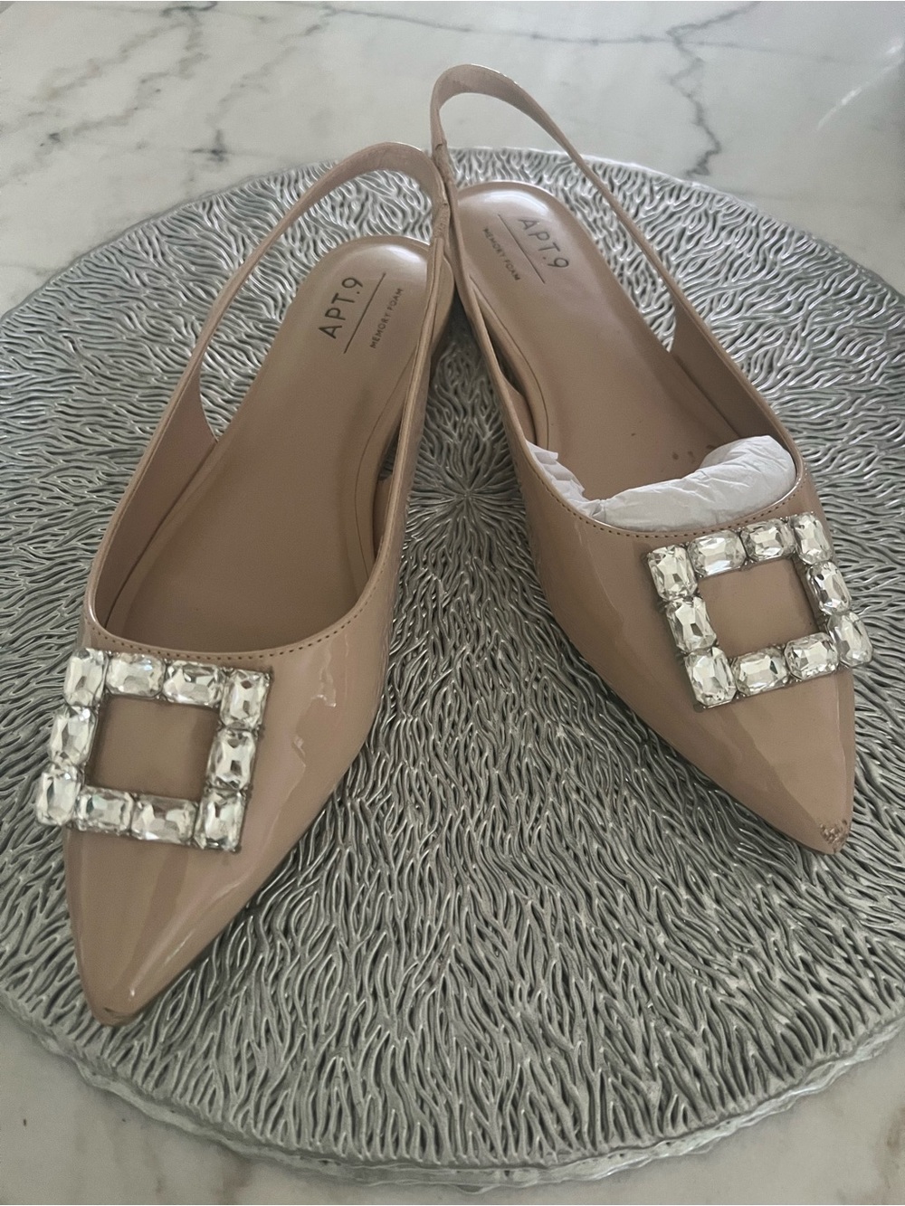 Apt. 9 Patent Nude/Taupe Pointed-Toe Slingback Flats with Crystal Buckle